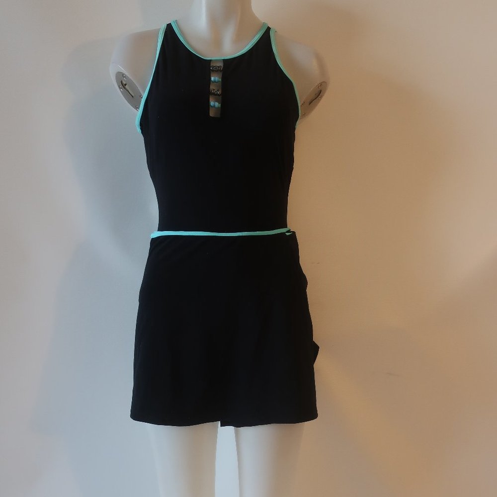 Womens Pilpel Black Aqua Blue 2-Pc Swim Cover-Up Skirt One Piece Swimsuit 12 *